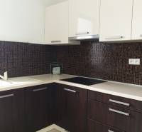 PRENÁJOM - Byt s krásnym výhľadom - Nitra, Dolnohorská - Kuchyňa v 2-izbovom byte s tmavými skrinkami a dlaždicovým obkladom.