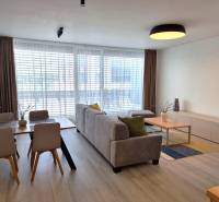 PRENÁJOM - 3 izbový byt Nitra – RIVIERA NITRA, Piesková ulica - Obývacia izba 3-izbového bytu s jedálenským stolom, sedačkou a veľkými oknami.
