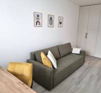 PRENÁJOM - 3 izbový byt Nitra – RIVIERA NITRA, Piesková ulica - Sivá sedačka s vankúšmi a drevený stôl v 3-izbovom byte, biele steny, skrine.