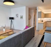 PRENÁJOM - 3 izbový byt Nitra – RIVIERA NITRA, Piesková ulica - Obývacia časť 3-izbového bytu so sivou sedačkou a kuchynským kútom.