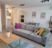 PRENÁJOM - 3 izbový byt Nitra – RIVIERA NITRA, Piesková ulica - Obývacia izba s pohovkou, jedálenským stolom a kuchyňou v 3-izbovom byte.