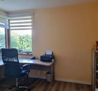 PREDAJ - Exkluzívny rodinný dom - Nitra, Zobor - Domáca kancelária s podlahou s dreveným dekorom, kancelárskou stoličkou a kvetmi na parapete.