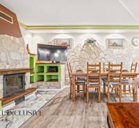 NA PREDAJ 5+2 IZBOVÝ RD PRI KÚPALISKU, DUNAJSKÁ STREDA - Interiér rodinného domu s krbom, kamennou stenou, jedálenským stolom a podlahou s dreveným dekorom.