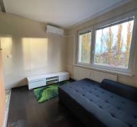 MH279-Na predaj 1 izbový byt v oblúbenej lokalite Komárna! - Izba v 1-izbovom byte s gaučom, zeleným kobercom a podlahou s dreveným dekorom.