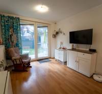 Na predaj útulný 2 izbový byt so zahradkou Svätý Jur 165.000,- Eur - Obývacia izba v 2-izbovom byte s podlahou s dreveným dekorom, televízorom a kreslom.