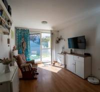 Na predaj útulný 2 izbový byt so zahradkou Svätý Jur 165.000,- Eur - Obývacia izba v 2-izbovom byte s podlahou s dreveným dekorom, televízorom a kreslom.
