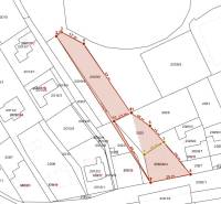 Na predaj rodinný dom s rozľahlým pozemkom 1788m2 MODRA - Plán katastra so zakreslenými parcelami a ich rozmermi v lokalite Podhorská, Modra, Rodinný dom.