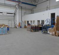 Sklad na prenájom o celkovej ploche 1015 m2 - Interiér skladu s vysokými stropmi, skladacími bránami a rôznym tovarom na paletách.