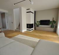 Perla v mori priemernosti - 4i prémiový RD Miloslavov - Obývacia izba v rodinnom dome s krbom a podlahou s dreveným dekorom.