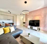 Apartmán s výhľadom na more BAR, Čierna Hora-Montenegro - Obývacia izba v 1-izbovom byte s kuchyňou, šedou sedačkou, televízorom a jedálenským priestorom.