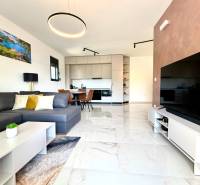 Apartmán s výhľadom na more BAR, Čierna Hora-Montenegro - Obývacia izba 1-izbového bytu s pohovkou, TV a kuchynským kútom so sedením.