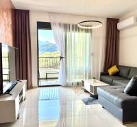 Apartmán s výhľadom na more BAR, Čierna Hora-Montenegro - Obývačka v 1-izbovom byte s koženou sedačkou, TV a výhľadom na hory.