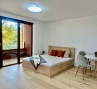 PRIESTRANNÝ 1-IZB. BYT S LOGGIOU V IKONICKOM PROJEKTE ZWIRN III - 1-izbový byt s posteľou, stolom a podlahou s dreveným dekorom.