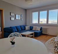 PRENÁJOM zariadený 3-izb byt, Pribišova, Bratislava - Obývačka 3-izbového bytu so sedačkou, bielym stolom a podlahou s dreveným dekorom.