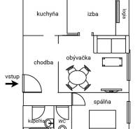 PRENÁJOM zariadený 3-izb byt, Pribišova, Bratislava - Pôdorys 3-izbového bytu so vstupom, obývačkou, kuchyňou, kúpeľňou a spálňou.