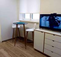 PRENÁJOM - 1,5 izbový byt Košice - Staré mesto - Interiér 1-izbového bytu s televíziou, barovým stolíkom a podlahou s dreveným dekorom.