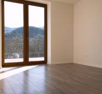 Predaj novostavba rodinného domu   Nová Baňa - Priestranná izba s veľkými oknami a podlahou s dreveným dekorom.