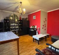 NA PREDAJ veľký rodinný dom v obci Pusté Úľany Sládkovičovo - Obývacia izba v rodinnom dome s drevenou podlahou, červenými stenami a dekoráciami.