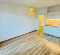 Na prenájom 1 i byt 47 m2 v Partizánskom na sídlisku Luhy 2 x balkón - Kuchyňa v 1-izbovom byte s bielymi skrinkami a podlahou s dreveným dekorom.