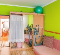 Predaj, 3 - izbový byt, Žiar nad Hronom - Výrazná zelená stena a zrkadlová skriňa v 2-izbovom byte. V pozadí stacionárny bicykel.