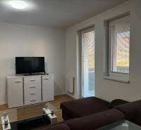 ZARIADENÁ NOVOSTAVBA 1, 5 izb. bytu- DUBOVÝ VŔŠOK - Obývačka v 2-izbovom byte s pohovkou, televízorom a podlahou s dreveným dekorom.