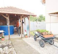 Rodinný dom v obci Čilížska Radváň s veľkým pozemkom - Altánok s modrou nádobou, bicyklom a vozom s kvetináčmi pri rodinnom dome.