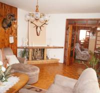 Rodinný dom v obci Čilížska Radváň s veľkým pozemkom - Rodinný dom s obývačkou, pohovkou, kobercami, poličkami a dekoráciou nad krbom.