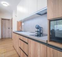 Lukratívne dvoj a štvorizbové byty v Tatranskej Lomnici na prenájom - Kuchyňa v 2-izbovom byte s podlahou s dreveným dekorom a moderným vybavením.