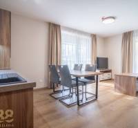 Lukratívne dvoj a štvorizbové byty v Tatranskej Lomnici na prenájom - Priestranný interiér 2-izbového bytu s podlahou s dreveným dekorom a jedálenským stolom.