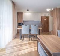 Lukratívne dvoj a štvorizbové byty v Tatranskej Lomnici na prenájom - Interiér 2-izbového bytu s kuchynským kútom, šedými stoličkami a podlahou s dreveným dekorom.