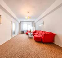 KRÍŽNA: VEĽKORYSÝ 4-IZBOVÝ BYT S RETRO ŠARMOM BLÍZKO CENTRA - Obývacia izba so svetlou stenou, červenou sedačkou a kobercom v 4-izbovom byte.