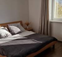 Novinka: Moderný  4-izb. mezonetový byt s balkónom a terasou. Muškát - Hlavná spálňa v 4-izbovom byte s podlahou s dreveným dekorom, jednoduchým nábytkom a doplnkami.