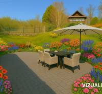 HD reality, predaj rodinný dom Štiavnické Bane - Terasa rodinného domu v Štiavnických Baniach s kvetinovou záhradou a záhradným nábytkom.