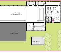 VIACÚČELOVÁ BUDOVA - OBJEKT KOLKÁREŇ - TURČIANSKA, BRATISLAVA - Pôdorys na ulici Turčianska ukazuje budovu kolkárne, bytový dom a trafostanica.