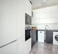 VELKOMETRÁŽNY 1 IZB.AP.BYT- TRNAVSKÁ CESTA, RUŽINOV, BRATISLAVA - Kuchyňa v 1-izbovom byte s bielymi skrinkami, vstavanými spotrebičmi a podlahou s dreveným dekorom.