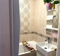 2-izbový byt v Seredi- bez rezervačnej zálohy - Kúpeľňa s vaňou, umývadlom a dekoratívnou stenou v 2-izbovom byte.