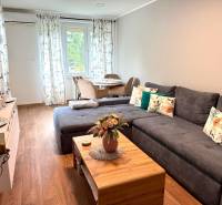 2-izbový byt v Seredi- bez rezervačnej zálohy - Obývacia izba s rohovou sedačkou, dekoratívnymi vankúšmi a podlahou s dreveným dekorom.