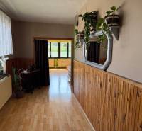 5-izbový rodinný dom v Borskom Mikuláši - bez rezervačej zálohy - Chodba v rodinnom dome s dreveným obložením, podlaha s dreveným dekorom, zeleň.