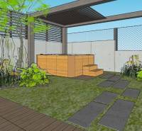 NA PREDAJ 5i rekreačný RD | Pekná cesta | Lesopark Rača  - Terasa rodinného domu s prístreškom, rastlinami a podlahou s dreveným dekorom.