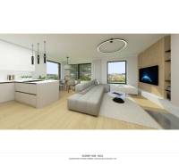 NA PREDAJ 5i rekreačný RD | Pekná cesta | Lesopark Rača  - Obývacia izba s jedálňou v rodinnom dome. Podlaha s dreveným dekorom, svetlá kuchyňa.