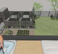 NA PREDAJ 5i rekreačný RD | Pekná cesta | Lesopark Rača  - Skica záhrady rodinného domu s výsadbou, parkovaním a oddychovou zónou.