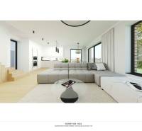 NA PREDAJ 5i rekreačný RD | Pekná cesta | Lesopark Rača  - Obývacia izba s kuchyňou obsahuje pohovku, jedálenský stôl a podlahu s dreveným dekorom.