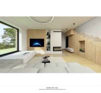 NA PREDAJ 5i rekreačný RD | Pekná cesta | Lesopark Rača  - Obývačka s krbom, televízorom a podlahou s dreveným dekorom v rodinnom dome.