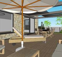 NA PREDAJ 5i rekreačný RD | Pekná cesta | Lesopark Rača  - Vonkajšia terasa rodinného domu s kamennou stenou a podlahou s dreveným dekorom.