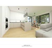 NA PREDAJ 5i rekreačný RD | Pekná cesta | Lesopark Rača  - Kuchyňa v rodinnom dome s bielymi skrinkami, obývačka a stôl, podlaha s dreveným dekorom.