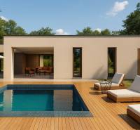 5-izbový dom 162m2 + pozemok 604m2 | Trenčianske Jastrabie - Rodinný dom v Trenčianskom Jastrabí s bazénom a terasou s dreveným dekorom na záhrade.