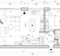 PREDAJ 5i rekreačný RD | Pekná cesta | Lesopark Rača  - Pôdorys interiéru rodinného domu s obývačkou, kuchyňou a schodiskom.
