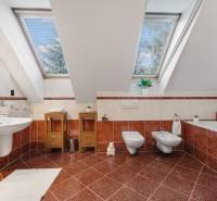 Predaj luxusná 5 izbová Vila,440 m2,pozemok 1061m2,garáž,bazén. - Podkrovná kúpeľňa na ulici Hrušovská a Vila s vaňou, umývadlom a strešnými oknami.