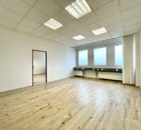 PRIESTORY, NA PRENÁJOM, CENTRUM TRENČÍN, ul. Jilemnického - Kancelária s podlahou s dreveným dekorom a veľkými oknami, neutrálne farby.