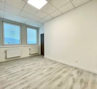 PRIESTORY, NA PRENÁJOM, CENTRUM TRENČÍN, ul. Jilemnického - Kancelárie s podlahou s dreveným dekorom a veľkými oknami so žalúziami.